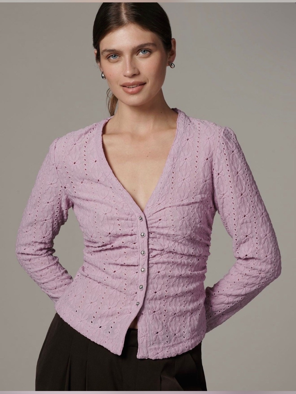 Maeve Lilac Eyelet Button-Front Top